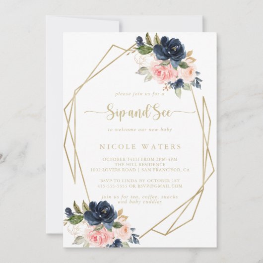 Floral Gold Geometric Sip and See Einladung (Vorderseite)