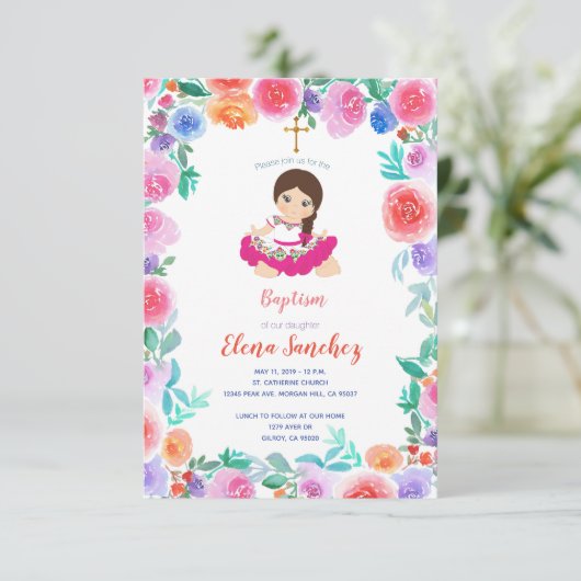 Floral Gold Girl Taufe Christening Mexikanisch Einladung (Stehend Vorderseite)