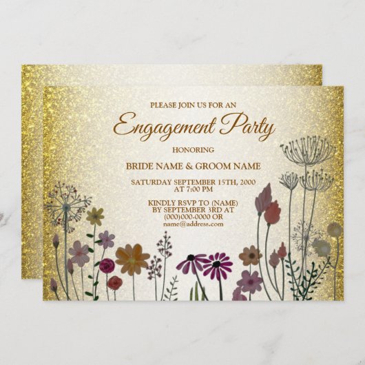 Floral Gold Glitter Wedding Engagement Party Einladung (Vorne/Hinten)