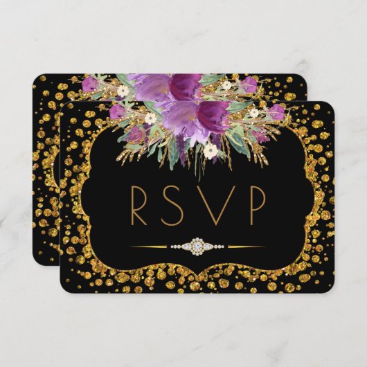 Floral Gold Glitzer Confetti Black UAWG RSVP Karte (Vorne/Hinten)