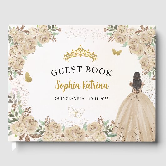 Floral Gold Glitzer Princess Quinceanera Guestbook Gästebuch (Vorderseite)