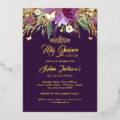 Floral Gold Glitzer Sparkling Amethyst Quinceanera Folieneinladung (Vorderseite)