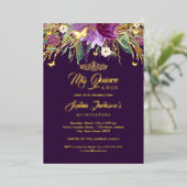 Floral Gold Glitzer Sparkling Amethyst Quinceanera Folieneinladung (Stehend vorne)