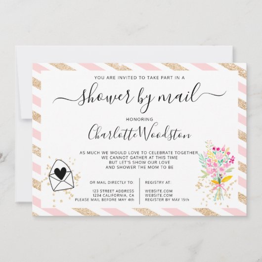 Floral gold Glitzer Streifen Babydusche per Post Einladung (Vorderseite)