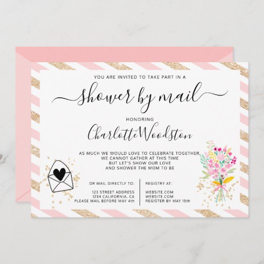 Floral gold Glitzer Streifen Babydusche per Post Einladung (Vorne/Hinten)