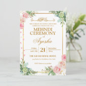 Floral Gold Islamische Hochzeit Mehndi Einladung (Stehend Vorderseite)