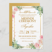 Floral Gold Islamische Hochzeit Mehndi Einladung (Vorne/Hinten)