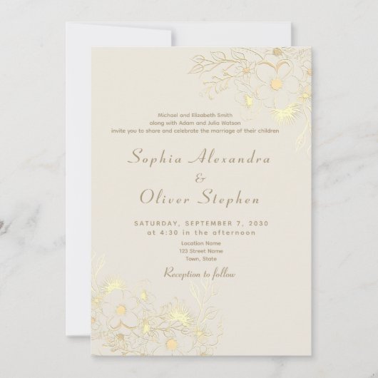 Floral Gold Ivory QR Code Hochzeit Einladung (Vorderseite)