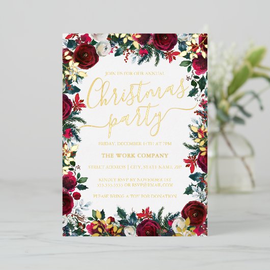 Floral Gold Leaf Corporate Weihnachtsfest Party Folieneinladung (Stehend vorne)