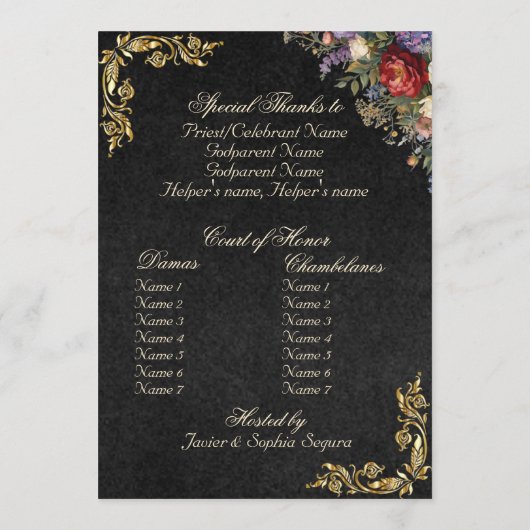 Floral & Gold Leaves - Black Quinceanera Program Programm (Rückseite)