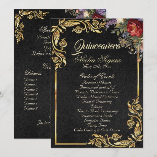Floral & Gold Leaves - Black Quinceanera Program Programm (Vorne/Hinten)