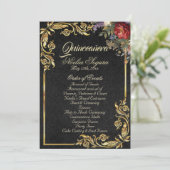 Floral & Gold Leaves - Black Quinceanera Program Programm (Stehend Vorderseite)