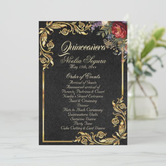 Floral & Gold Leaves - Black Quinceanera Program Programm (Stehend Vorderseite)