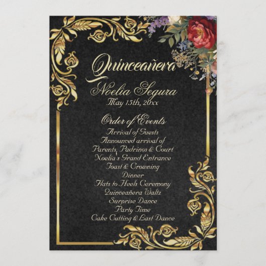Floral & Gold Leaves - Black Quinceanera Program Programm (Vorderseite)