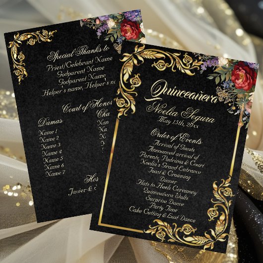 Floral & Gold Leaves - Black Quinceanera Program Programm