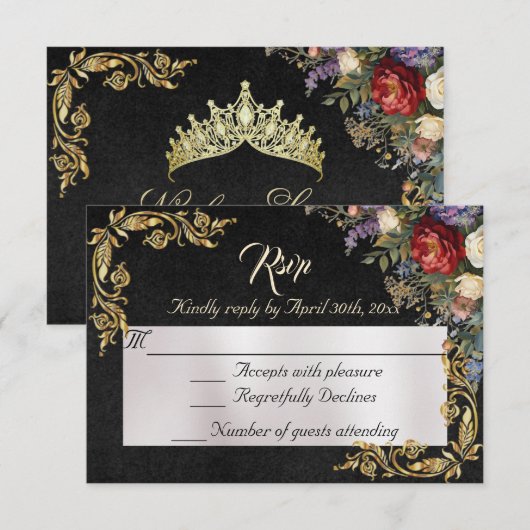 Floral & Gold Leaves - Black RSVP Karte (Vorne/Hinten)