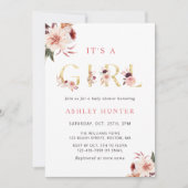 Floral Gold Letter Elegante Girl Baby Dusche Einladung (Vorderseite)