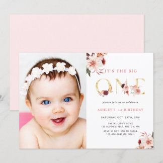 Floral Gold Letter Elegantes Erstes Geburtstags-Fo Einladung