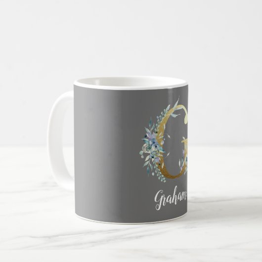 Floral Gold Letter G auf Grau Kaffeetasse (Vorderseite Links)