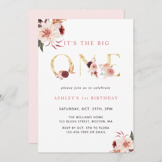 Floral Gold Letter Girl Einladung (Vorne/Hinten)