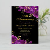 Floral Gold Lila 50. Hochzeitstag Folieneinladung (Stehend vorne)