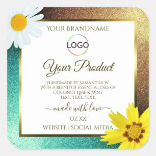 Floral-Gold-Logo für Aquamarine Glitzer, weiße Pro Quadratischer Aufkleber