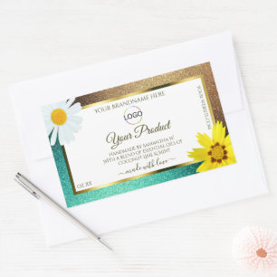 Floral-Gold-Logo für Aquamarine Glitzer, weiße Pro Rechteckiger Aufkleber