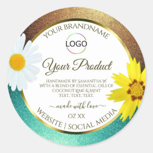 Floral-Gold-Logo für Aquamarine Glitzer, weiße Pro Runder Aufkleber