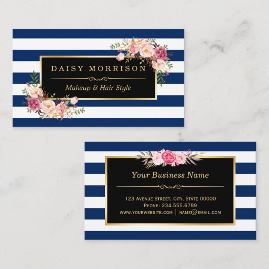 Floral Gold Makeup Salon veränderbare Navy Streife Visitenkarte (Vorne/Hinten)