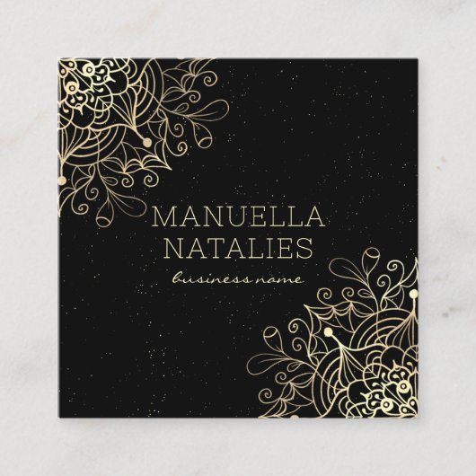 Floral Gold Mandala Black Quadratische Visitenkarte (Vorderseite)