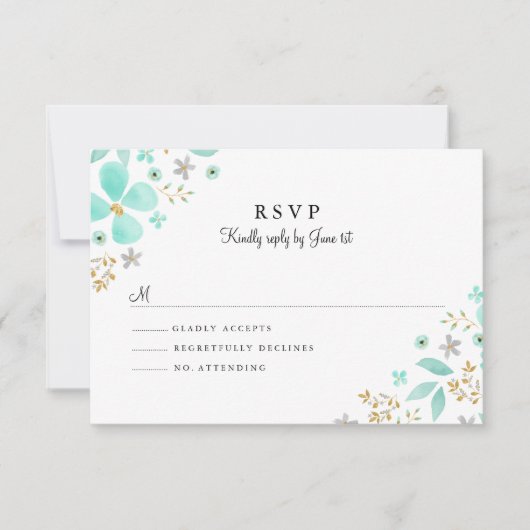 Floral Gold Minze Leaf Wedding RSVP (Vorderseite)