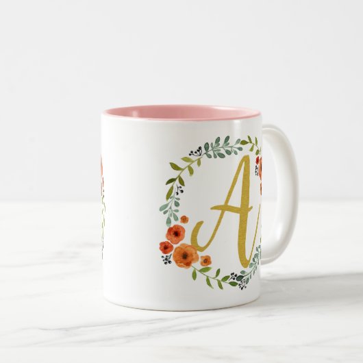 Floral Gold Monogram Initial A Zweifarbige Tasse (VorderseiteRechts)