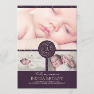 Floral Gold Monogram Vintag Baby Fotos Birne Ankündigung