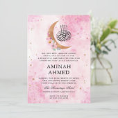 Floral Gold Moon Wasserfarbe Rosa Islamische Aqeeq Einladung (Stehend Vorderseite)
