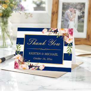 Floral Gold Navy Blue Stripes Hochzeit Vielen Dank Dankeskarte