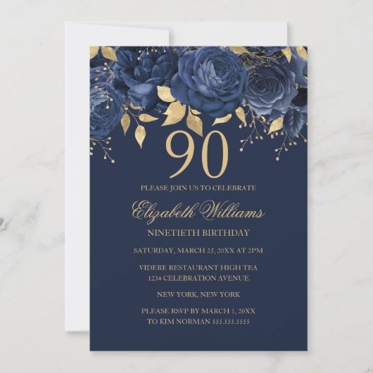 Floral Gold Navy Rose 90. Geburtstag Einladung (Vorderseite)