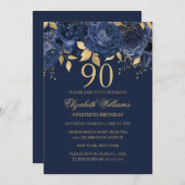 Floral Gold Navy Rose 90. Geburtstag Einladung (Vorne/Hinten)