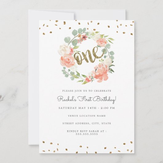 Floral Gold One Wreath Erster Geburtstag Einladung (Vorderseite)
