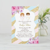 Floral Gold Pink Blue Twins Taufen Einladung (Stehend Vorderseite)