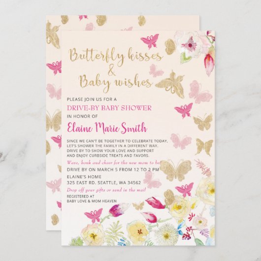 Floral Gold Pink Schmetterlinge Laufwerk durch Bab Einladung (Vorne/Hinten)
