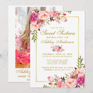 Floral Gold Pink Sweet 16 Geburtstagseinladung - F Einladung