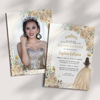 Floral Gold Princess Birthday Quinceanera Foto Einladung