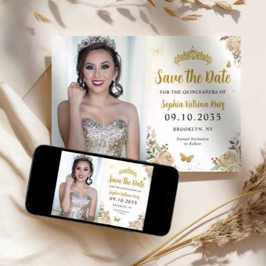 Floral Gold Princess Birthday Quinceanera Foto Save The Date