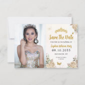 Floral Gold Princess Birthday Quinceanera Foto Save The Date (Vorderseite)