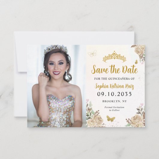 Floral Gold Princess Birthday Quinceanera Foto Save The Date (Vorderseite)