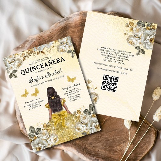 Floral Gold QR Code Princess Quinceanera Einladung