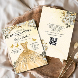 Floral Gold QR Code Princess Quinceanera Einladung