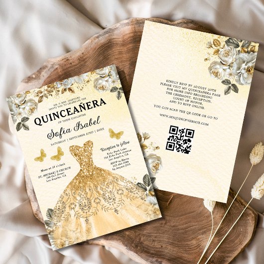 Floral Gold QR Code Princess Quinceanera Einladung
