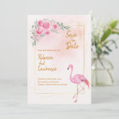 Floral Gold Rahmen rosa Flamingo Hochzeit Einladun Einladung (Stehend Vorderseite)