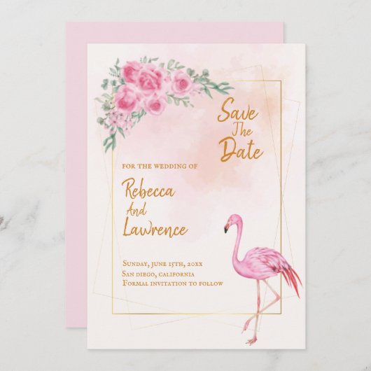 Floral Gold Rahmen rosa Flamingo Hochzeit Einladun Einladung (Vorne/Hinten)
